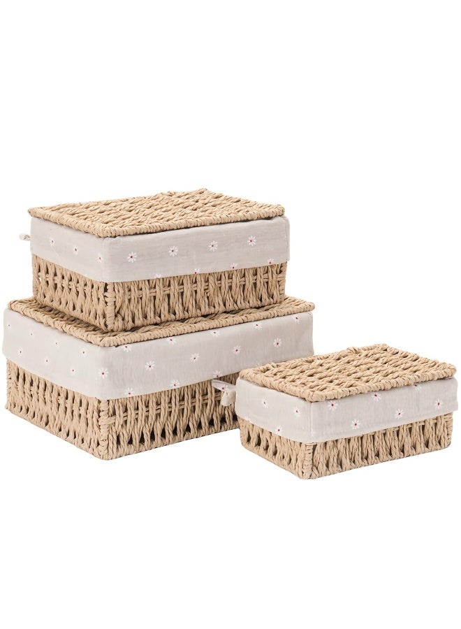 Small Wicker Baskets with Lids Liner Set of 3 Size Paper Rope Woven Decorative Cute Nesting Storage Baskets for Shelves Rectangular Container Bins for Table Snacks Gifts Makeup Organizer Beige - Image 1